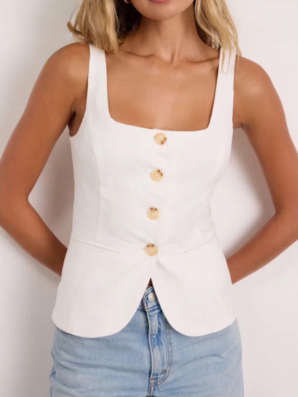 Square Neck Button-Front White Tank Top Vest